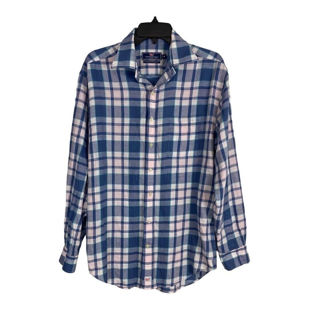 Vineyard Vines mens Shirt Size Medium Blue Plaid Button Up Long Sleeve Murray